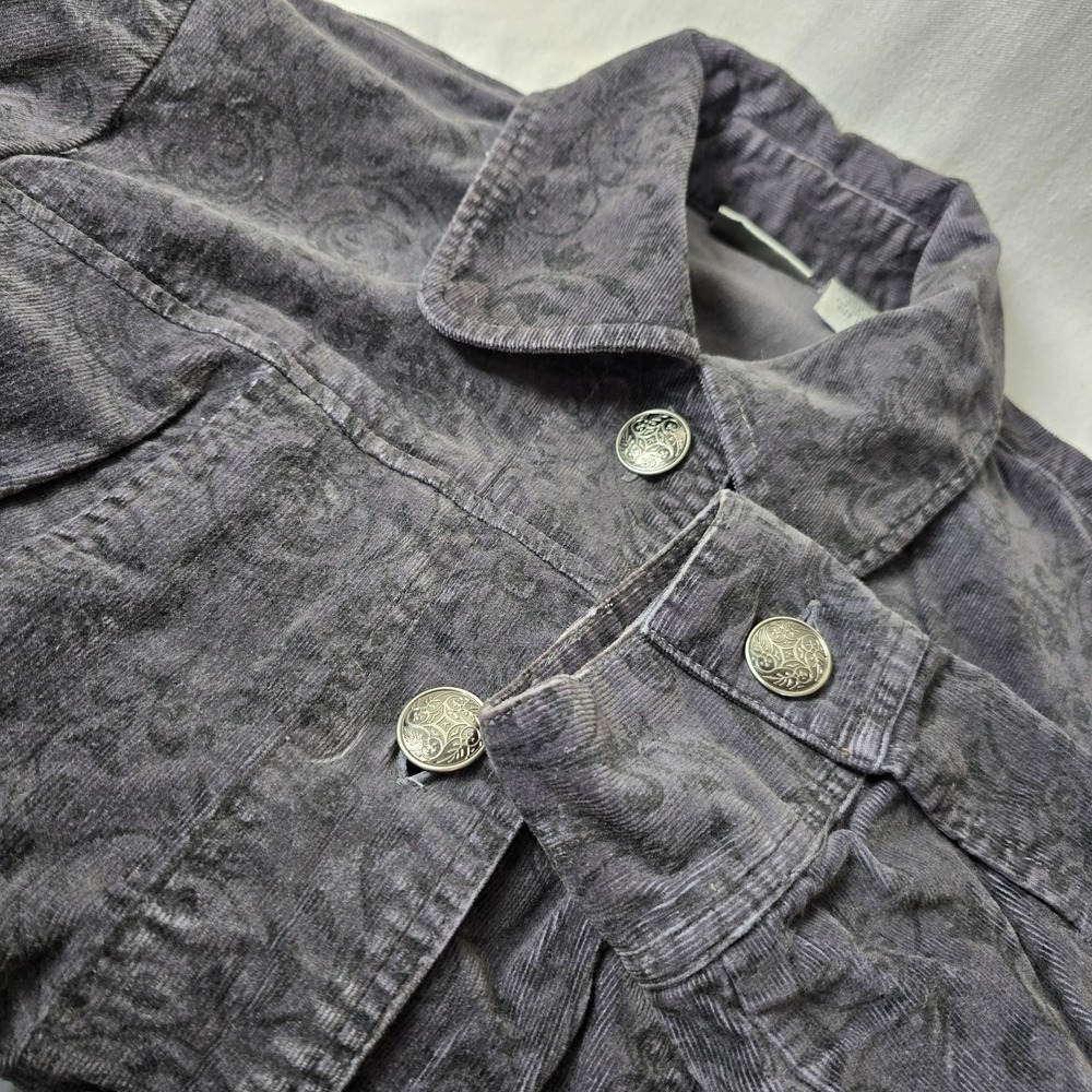 Chico's Women's Sz 1 Black Floral Corduroy Jacket‎ Button Up